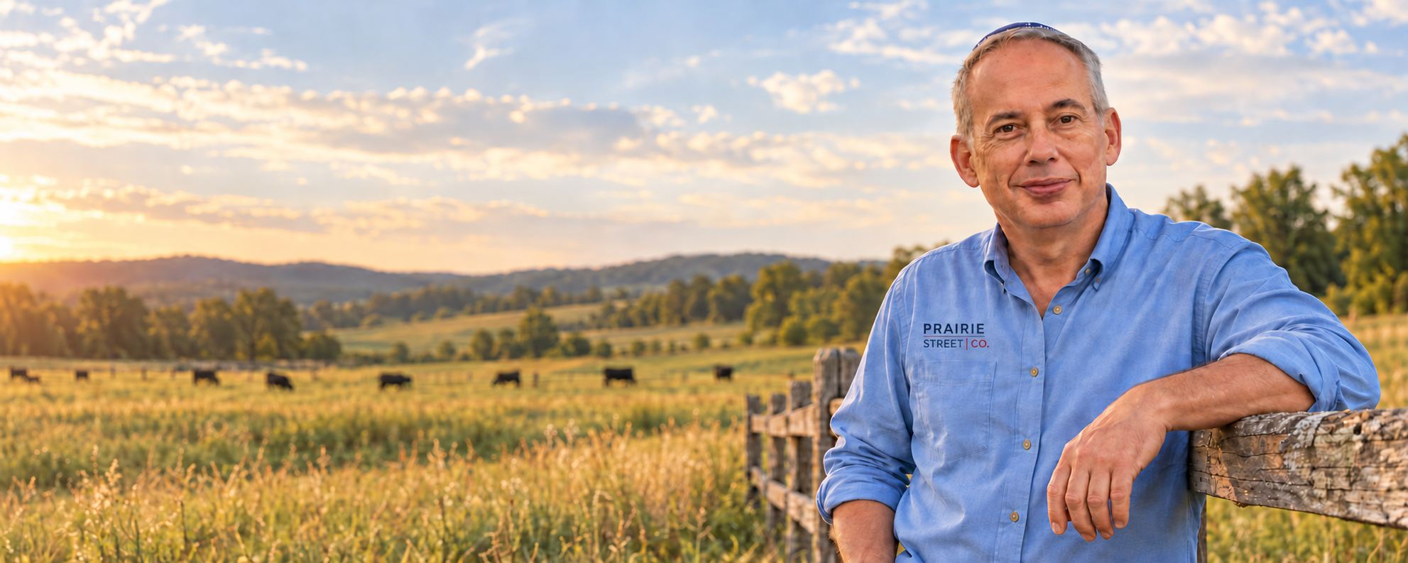 Elliot at a pasture fence with cattle grazing behind him